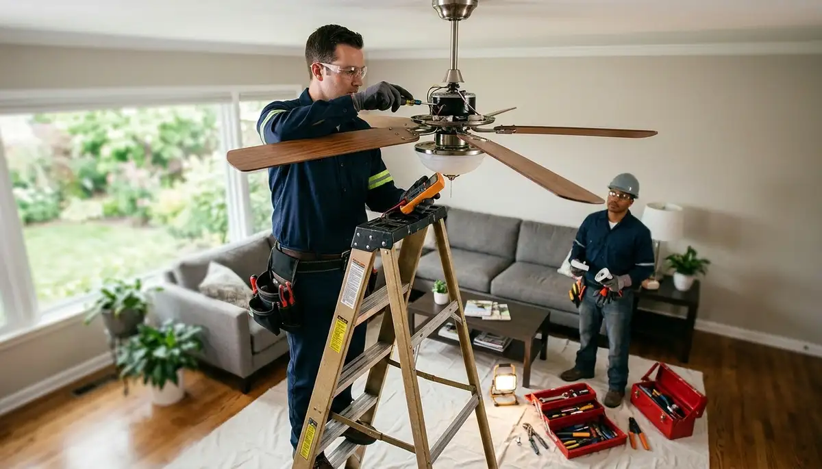 Electrician repairing ceiling fan wiring in a Bloomington, IN home