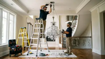 Electrician installing a chandelier in a Bloomington, Indiana home
