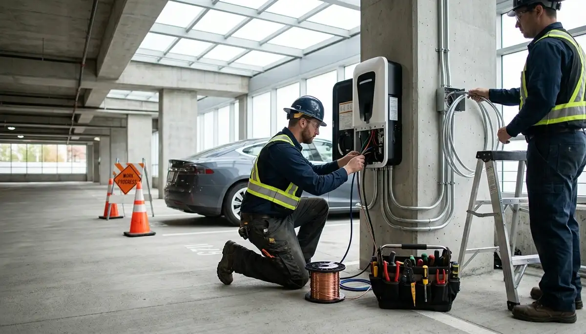 Electric car charger installation by Bloomington, Indiana electricians for residential EV charging