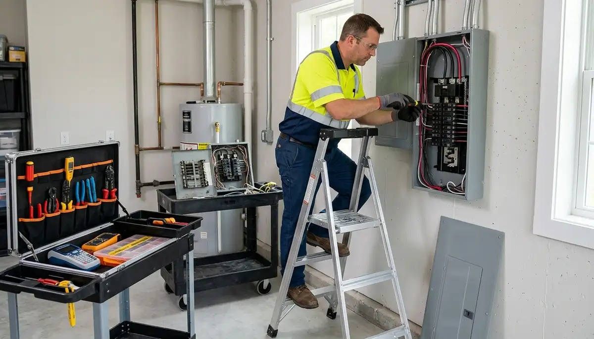 Electrician performing an electrical panel upgrade for a Bloomington, IN home