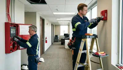 Electrician installing a residential fire alarm system in Bloomington, Indiana