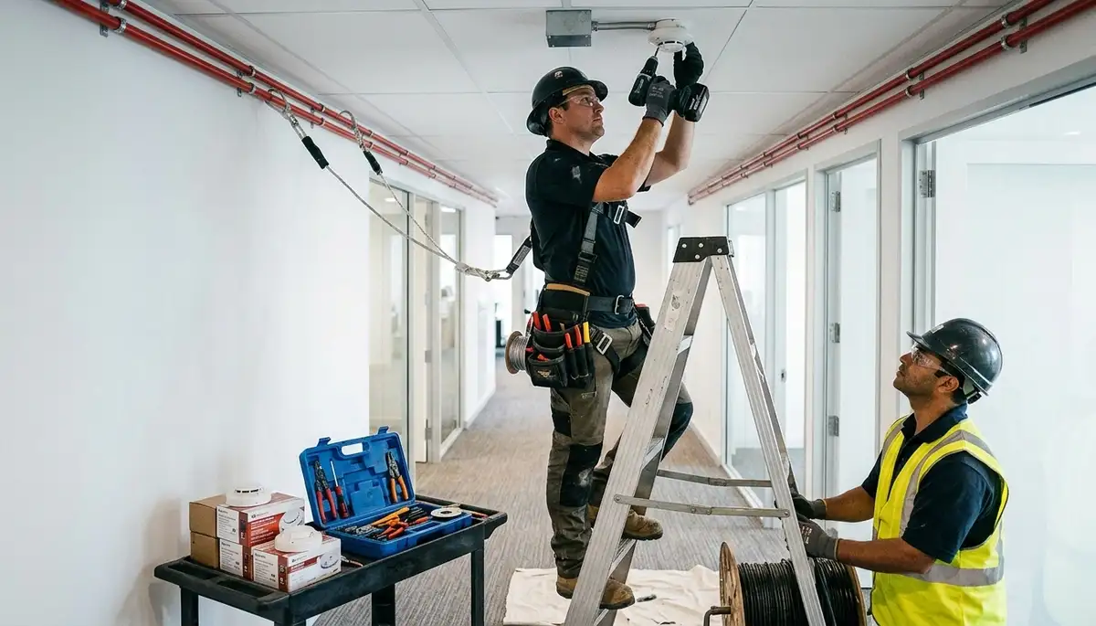 Electrician installing a residential fire alarm system in Bloomington, Indiana