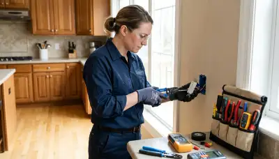 Electrician installing a GFCI outlet in a Bloomington, IN home