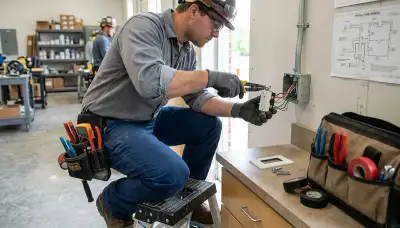 Electrician installing a GFCI outlet in a Bloomington, IN home