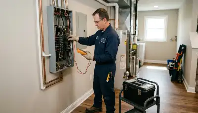 Electrician performing a home electrical inspection in Bloomington, Indiana, checking the panel and wiring