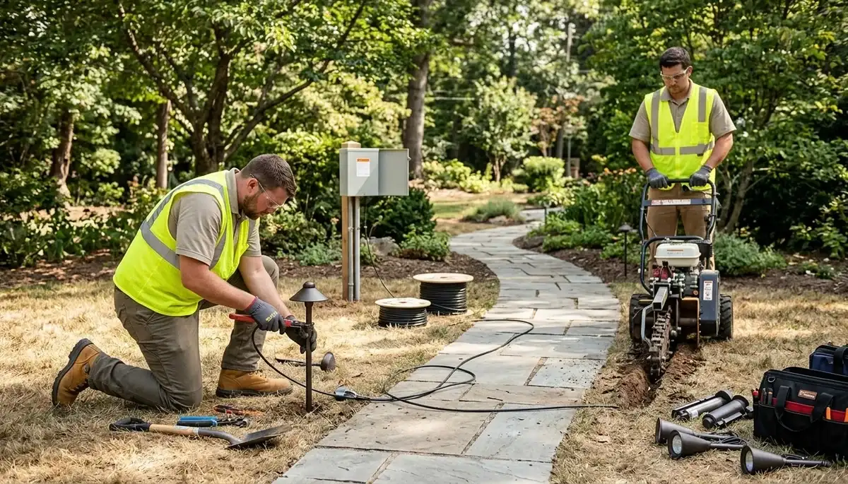 Landscape lighting installation for Bloomington, Indiana homes by local electricians