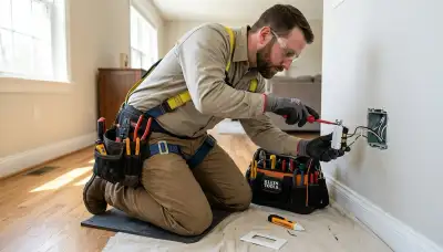 Electrician performing outlet repair in a Bloomington, IN home