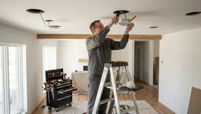 Recessed lighting installation by an electrician in a Bloomington, IN home