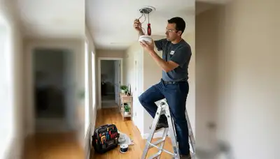 Electrician installing a smoke detector in a Bloomington, IN home