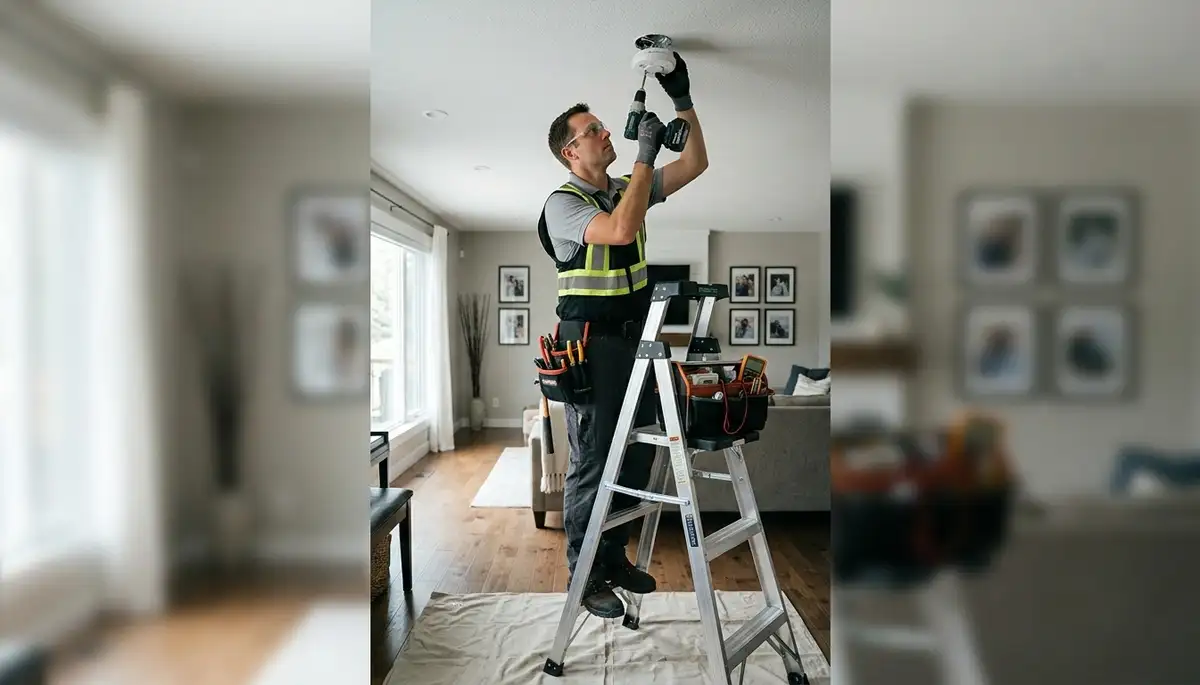 Electrician installing a smoke detector in a Bloomington, IN home
