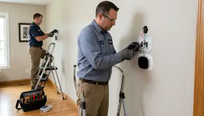 Electrician installing a new thermostat in a Bloomington, IN home | On Call Electrical
