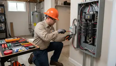 Electrician installing whole-home surge protection in a Bloomington, IN electrical panel
