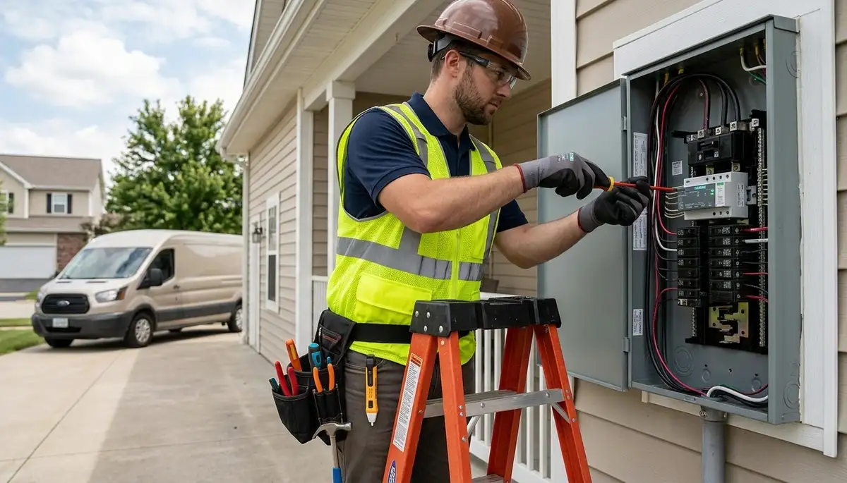 Electrician installing whole-home surge protection for a Bloomington, Indiana home